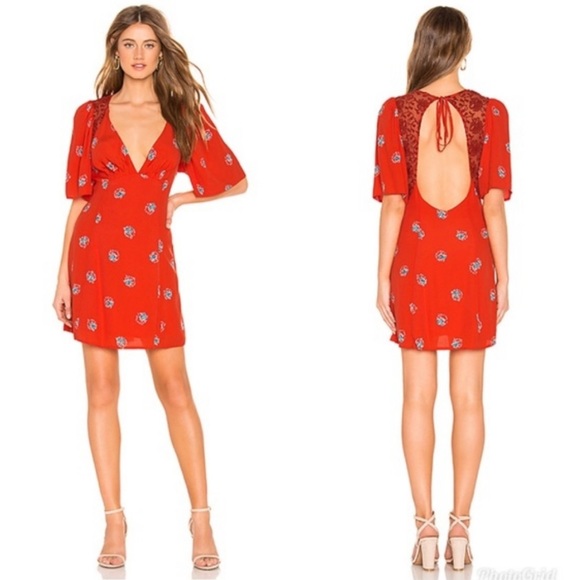 Free People Red Floral Boho Mockingbird Open Back Lace Mini Dress sz 4